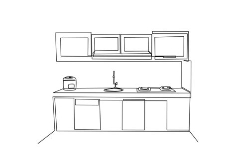 Single one line drawing Modern kitchen interior. Kitchen room concept. Continuous line draw ...