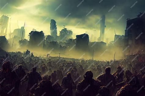 Premium Photo | Zombies horde in ruined city after an outbreak Portrait of a scary zombies ...