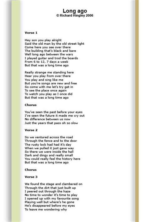 Long ago lyrics by Richard Hingley