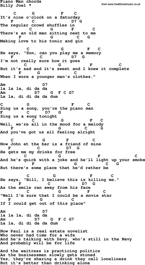 Song lyrics with guitar chords for Piano Man