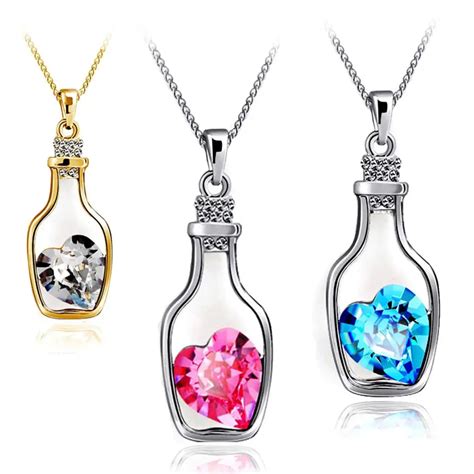 Luxury Jewelry Silver Color with Wish Bottle Inlay Love Heart Crystals Vial Pendant Necklace for ...