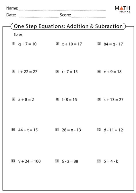 One-Step Equations Addition and Subtraction Worksheets - Math Monks