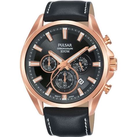 Pulsar Gents Rose Gold with Black Leather Strap Watch - Men's Watches from Faith Jewellers UK