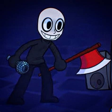 a cartoon character holding a red and white object in front of a dark blue background