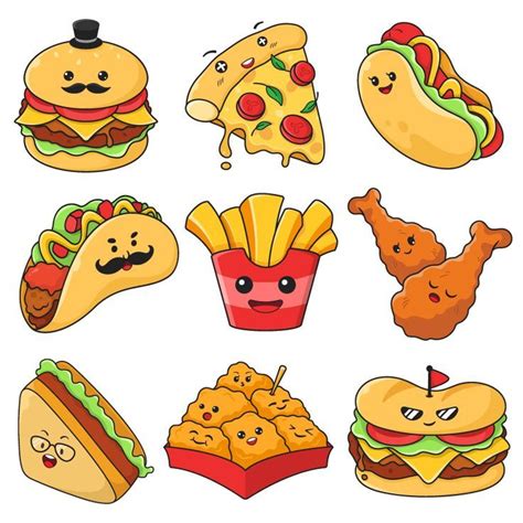 Free Cute cartoon fast food characters isolated on white background ...