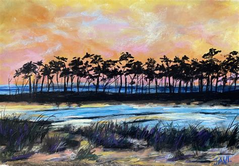 a painting of trees and water at sunset