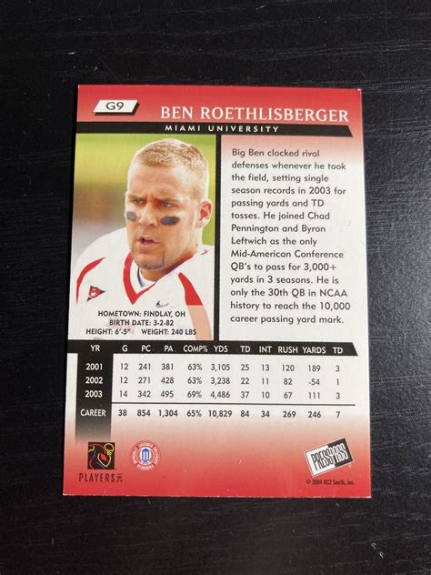 Ben Roethlisberger ROOKIE CARD PRESS PASS 2004 MIAMI T1-54 | eBay