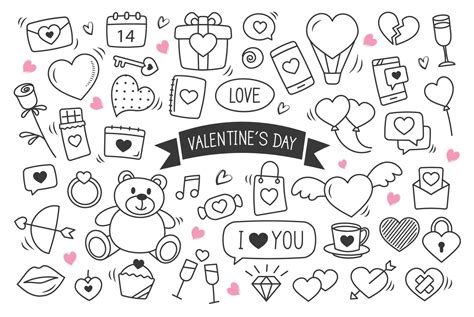 Valentine's day hand drawn doodles objects and symbols. Set of love and ...