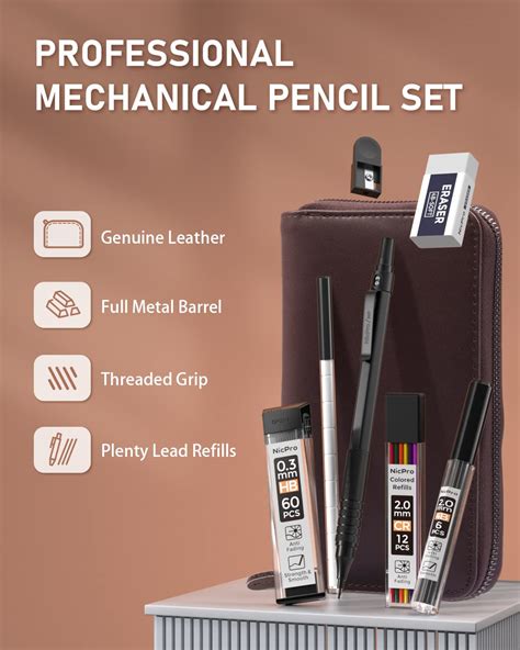 Nicpro 20PCS Black Metal Mechanical Pencil Set in Leather Case, 0.3, 0.5, 0.7, 0.9 mm & 2mm Lead ...