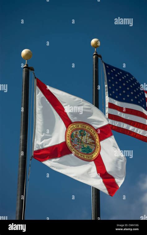 FLORIDA STATE FLAG UNITED STATES FLAG FLYING ON FLAGPOLES ON BLUE SKY BACKGROUND Stock Photo - Alamy