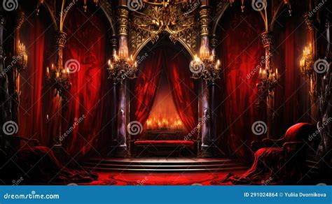 Vampire Dracula Castle Interior, Victorian Red Furnitures. Halloween Concept Stock Illustration ...