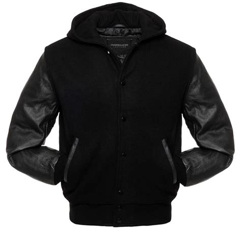 Men's Black Leather Varsity Jacket With Hooded