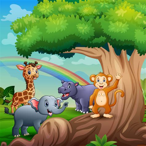 Cartoon five animals playing under the big tree 6951582 Vector Art at Vecteezy