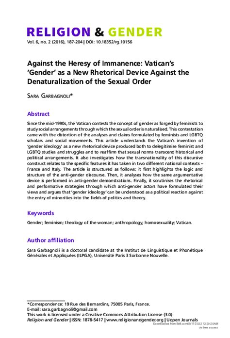 (PDF) Against the Heresy of Immanence: Vatican’s ‘Gender’ as a New Rhetorical Device Against the ...