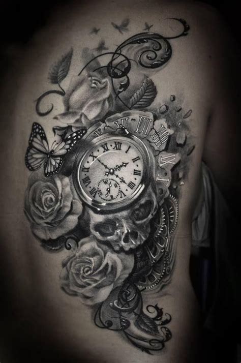 Skull, rose, and watch tattoo | Tatuajes manga completa, Brazos ...