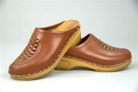 Vintage Bastad Original Swedish Clog Woven Brown Leather Wood