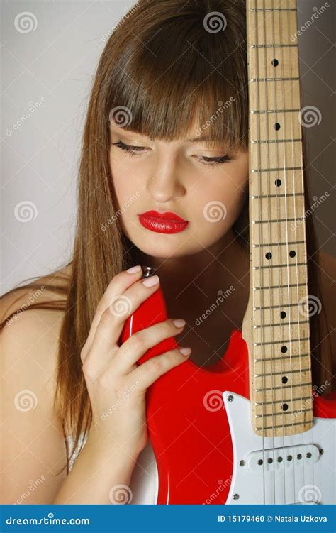 Portrait of Girl with the Red Guitar Stock Photo - Image of looking ...