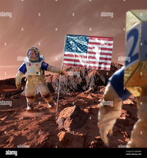 Astronaut on Mars with US flag, illustration Stock Photo - Alamy