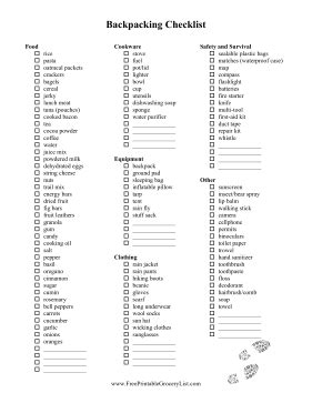 Printable Backpacking Checklist