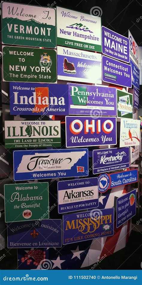 US States Welcoming Signs Close Up View on Display in a Touristic Fair Editorial Image ...