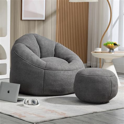 Bean Bag Sofa Chair & Ottoman in Grey