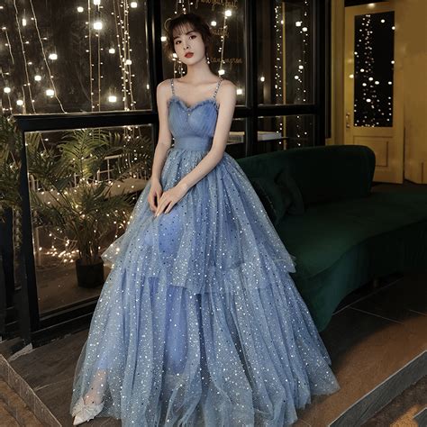 Blue tulle long A line prom dress blue evening dress on Storenvy