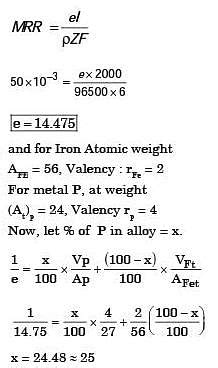 Are searcher conducts electrochemical machining (ECM) on a binary alloy (density 6000 kg/m3) of ...