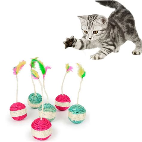 Funny pet cat catching toy with feathers Rolling Sisal cat Kitten Scratching ball Pet Cat Toys ...