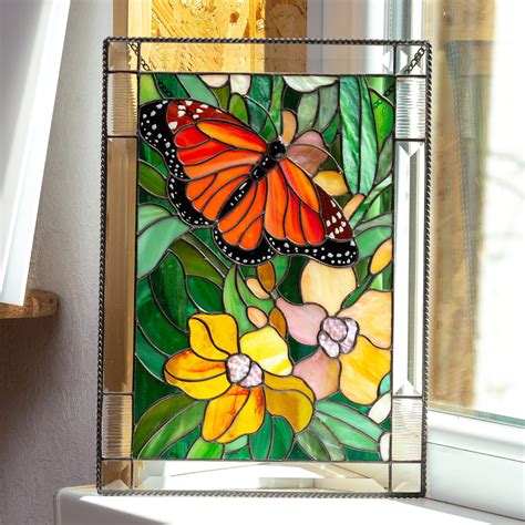 Stained glass monarch butterfly with orchids panel for window