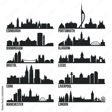 Most Famous United Kingdom Cities Skyline City Silhouette Design Collection Stock Vector | Adobe ...