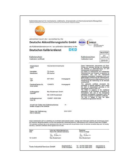 DAkkS calibration certificate for volume flow / Testo AG | Certificates | Product type | Testo NV/SA