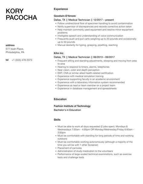 Medical Technician Resume Samples | Velvet Jobs