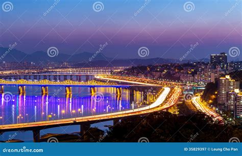 Seoul skyline at night stock image. Image of view, highway - 35829397