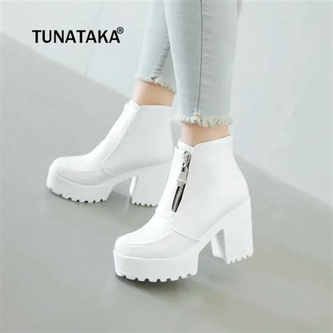 Black White Platform Ankle Boots for Women High Heel Boots Ladies ...