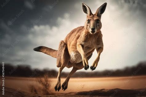 Front view of a kangaroo jumping and looking at the camera. Created with Generative AI ...