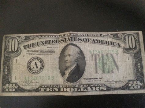 Old Vintage 1934 Ten Dollar Bill $10 Federal Reserve Note 1934 Series Boston, MA | #1732563073