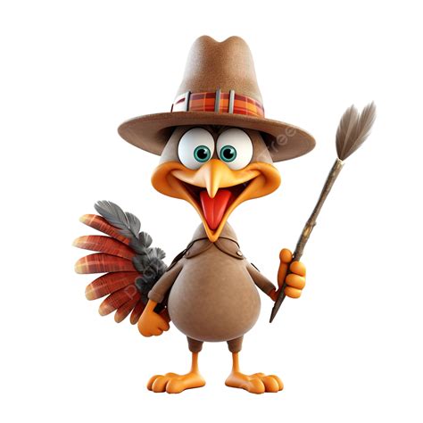 Happy Thanksgiving Day Funny Cartoon Character Turkey Bird In Pilgrim Hat Holding Pitchfork ...