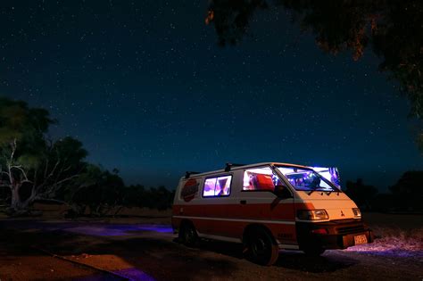 car, illuminated, white, trees, nightsky, mitsubishi, camping, star, star field, transportation ...