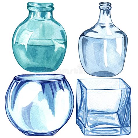 Watercolor Set of Glass Bottle Isolated on White. Transparent Color ...