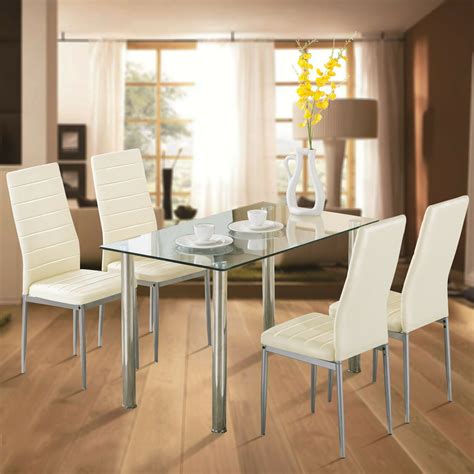 Modern 5 Piece Dining Table Set Tempered Glass Transparent Dining Table with 4pcs Chairs Room ...