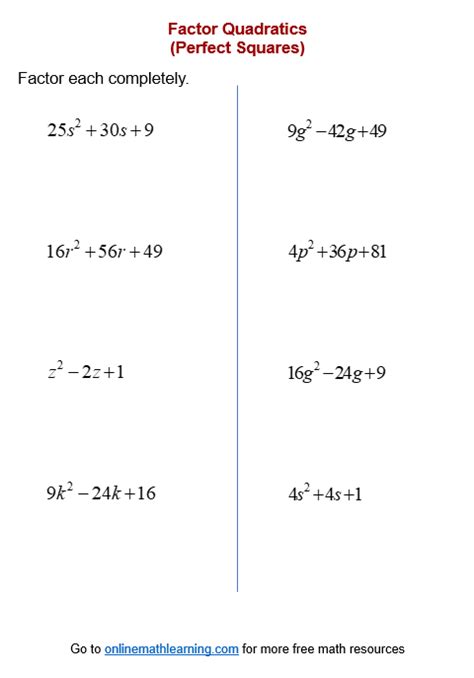 Perfect Square Trinomial Worksheets (printable, online, answers, examples)