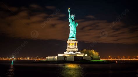 The Statue Of Liberty Lit Up At Night In New York City Background, New ...