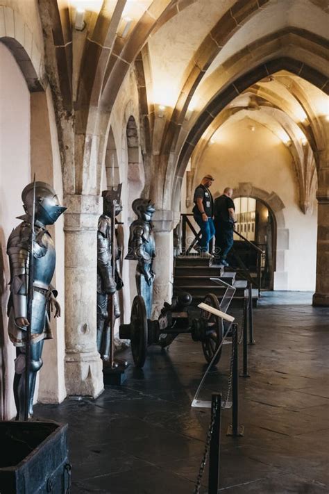 Suit of Armour Inside Vianden Castle, Luxembourg, People Walk on the ...