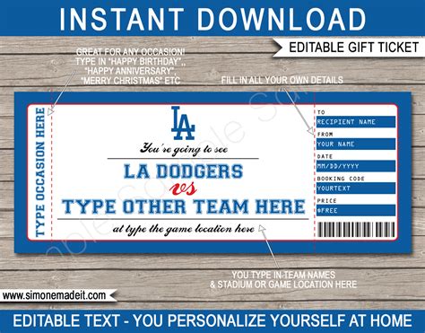 LA Dodgers Game Ticket Gift Voucher | Printable Surprise Baseball Tickets