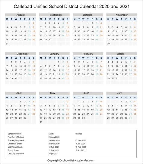 Carlsbad Unified School District Calendar Holidays 2020-2021