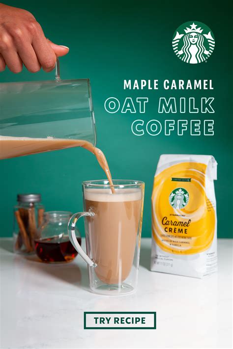 a cup of coffee being poured into a mug with the words maple caramel oat milk coffee