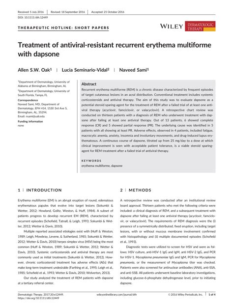 (PDF) Treatment of antiviral-resistant recurrent erythema multiforme with dapsone