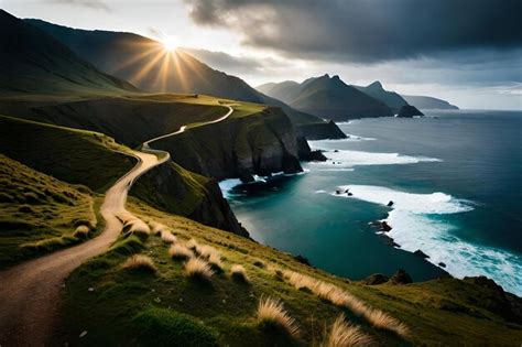 Premium AI Image | A road leads to a cliff edge with a sunset in the ...