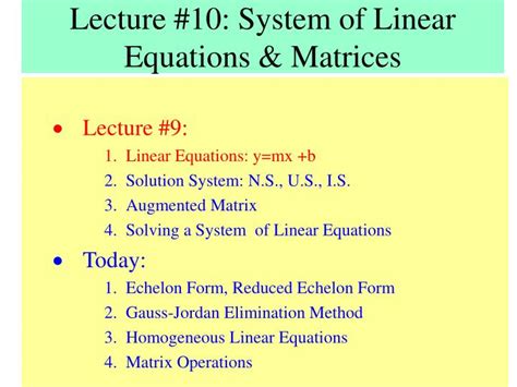 PPT - Lecture #10: System of Linear Equations & Matrices PowerPoint ...