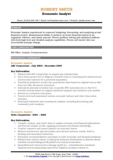 Economic Analyst Resume Samples | QwikResume